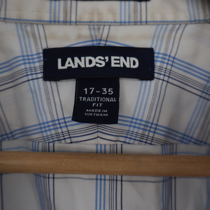 Lands End Mens Traditional Fit Supima Cotton Blue White Plaid Shirt