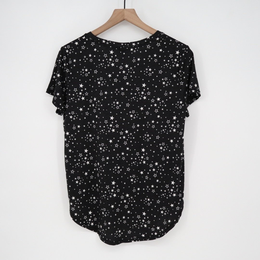 Roudelain Pajama Top Women L Black Stretch Star Printed Shirttail Hem Sleep Wear