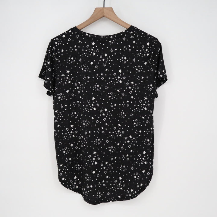 Roudelain Pajama Top Women L Black Stretch Star Printed Shirttail Hem Sleep Wear