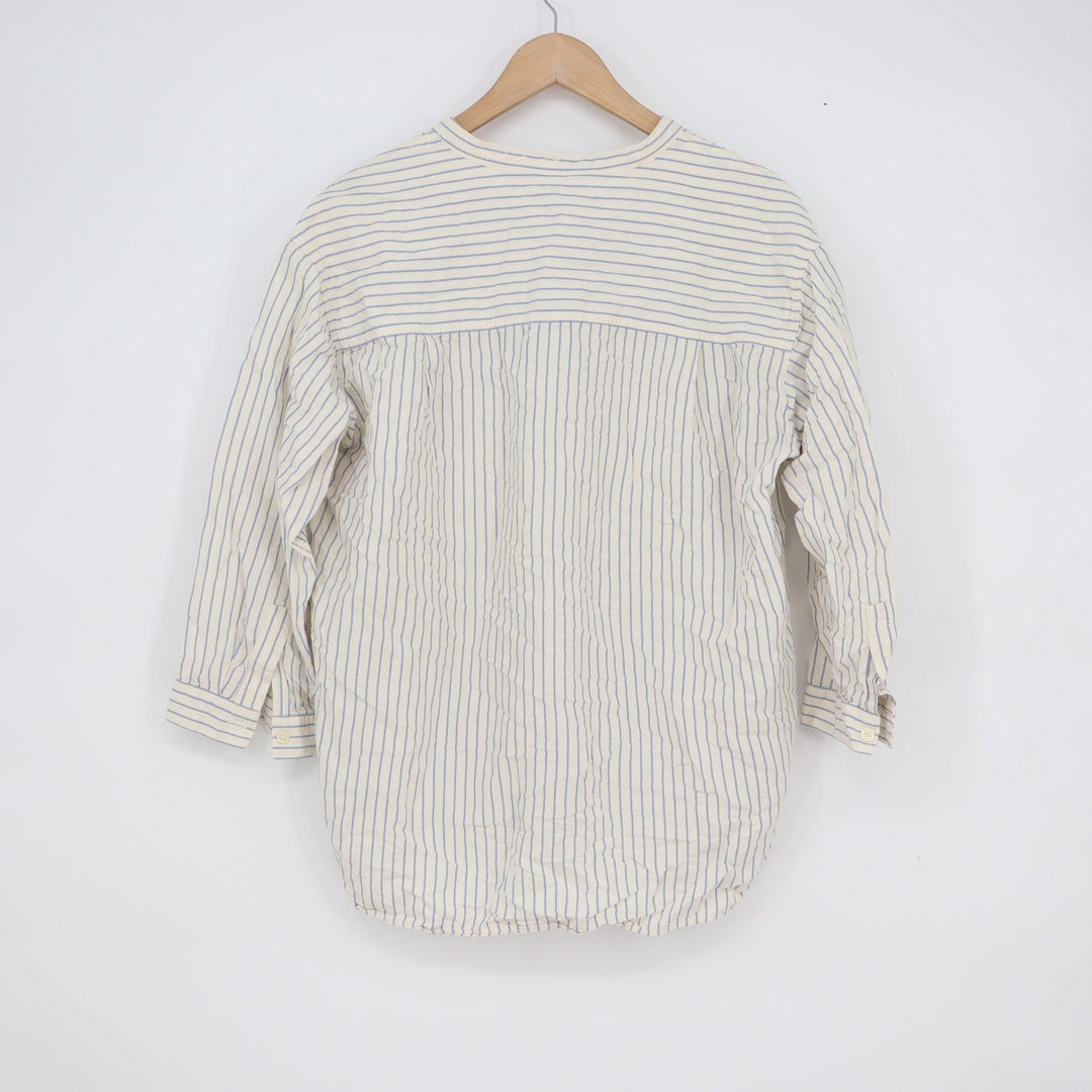 Uniqlo Womens L Pinstripe Band Collar Linen Blend Blouse Blue Cream