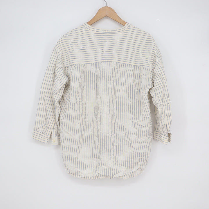 Uniqlo Womens L Pinstripe Band Collar Linen Blend Blouse Blue Cream
