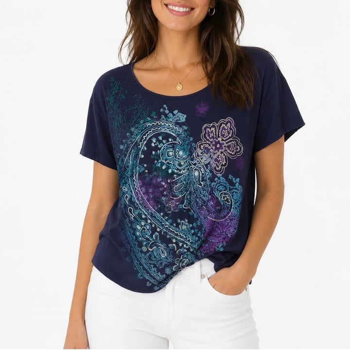 Just My Size Womens 2X Navy Blue Paisley Floral Graphic Cotton T-Shirt 2X