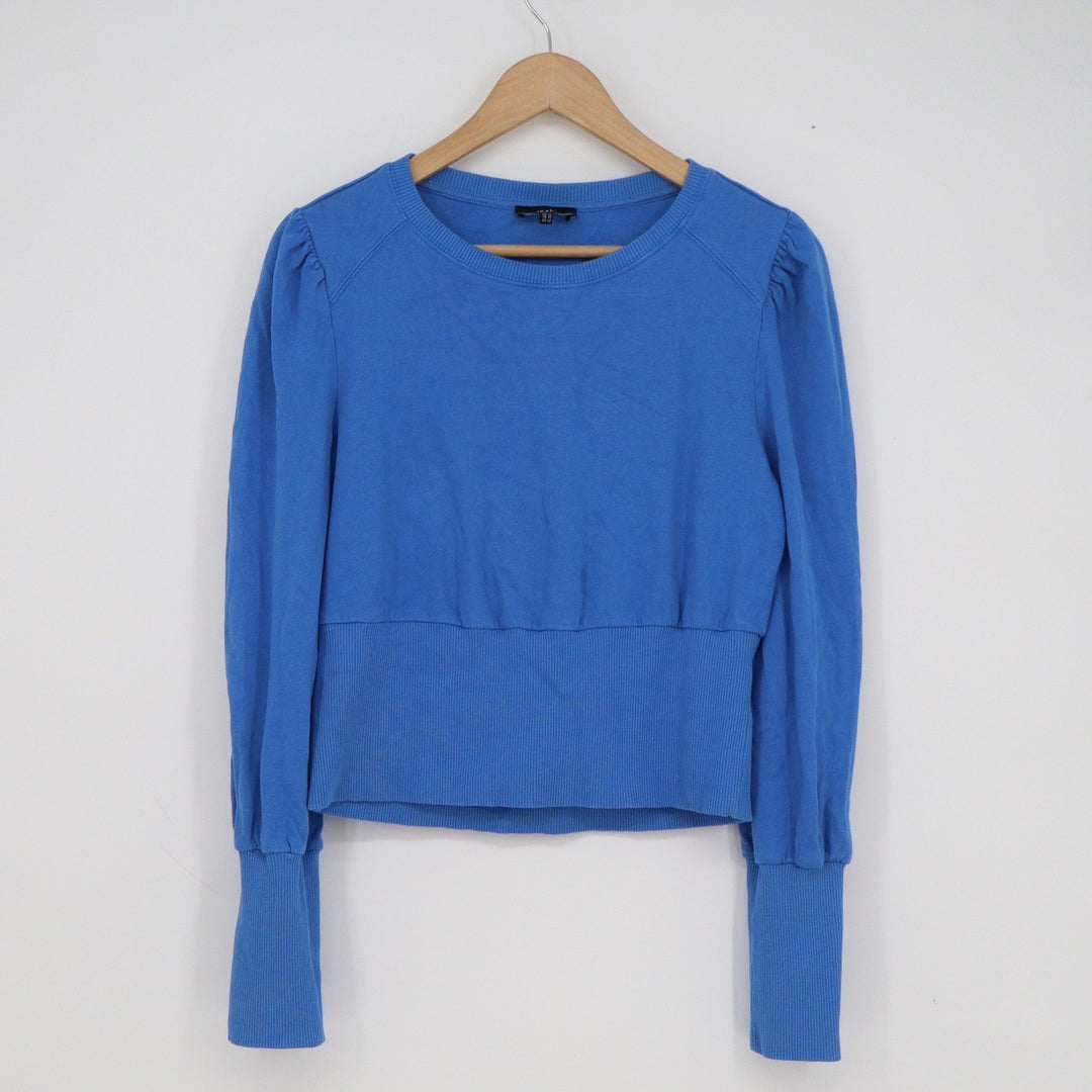 ME+EM Blue Puff Sleeve Cotton Sweatshirt US 10 Crew Neck Ribbed Hem