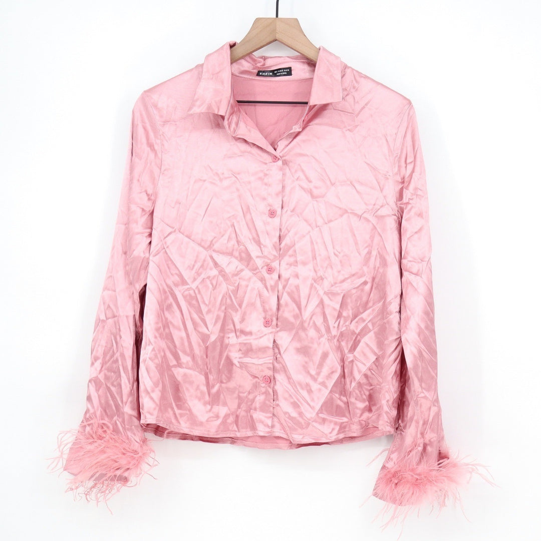 SHEIN Pink Satin Button Up Shirt Feather Trim Cuffs Womens Large KLB