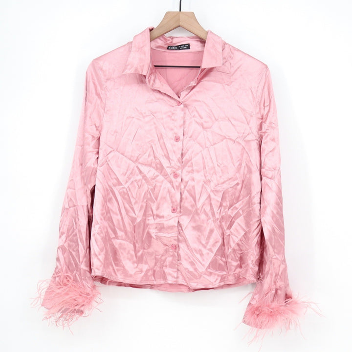 SHEIN Pink Satin Button Up Shirt Feather Trim Cuffs Womens Large KLB
