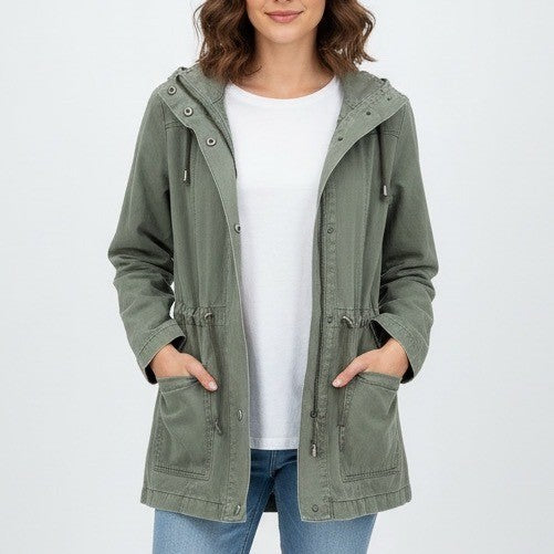 Forever 21 Utility Jacket Olive Green Hooded Drawstring Pockets Size S