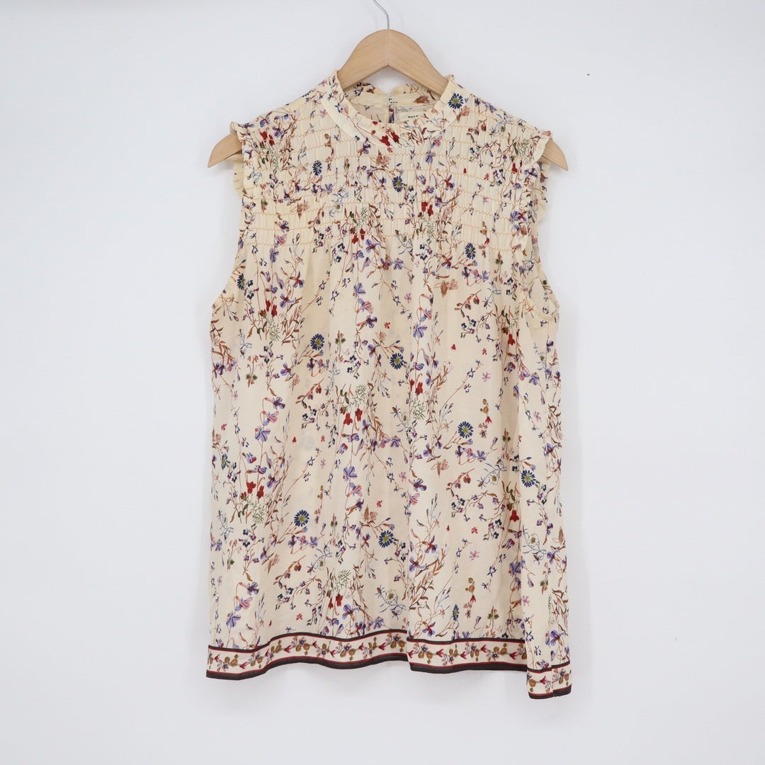 Max Studio Cream Floral Smocked High Neck Sleeveless Blouse Ruffle Top L