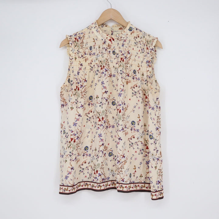 Max Studio Cream Floral Smocked High Neck Sleeveless Blouse Ruffle Top L