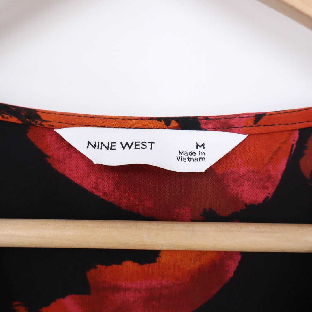 Nine West Womens Floral Wrap V-Neck Blouse Black Red Orange Smocked Waist Size M
