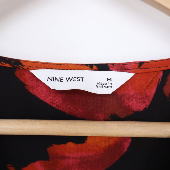 Nine West Womens Floral Wrap V-Neck Blouse Black Red Orange Smocked Waist Size M