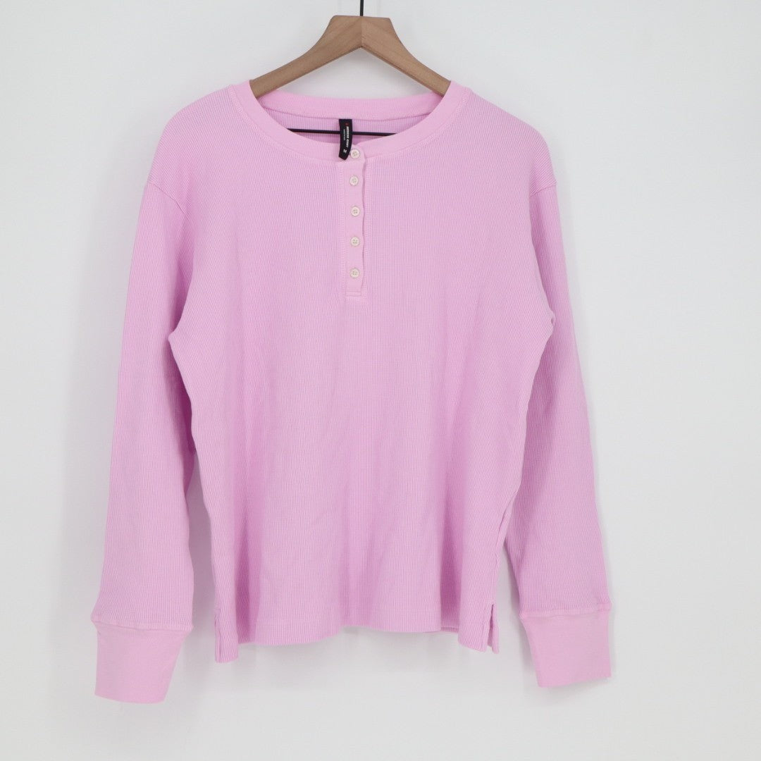 American Giant Thermal T-Shirt Womens M Pink Cotton Stretch Waffle Henley Neck