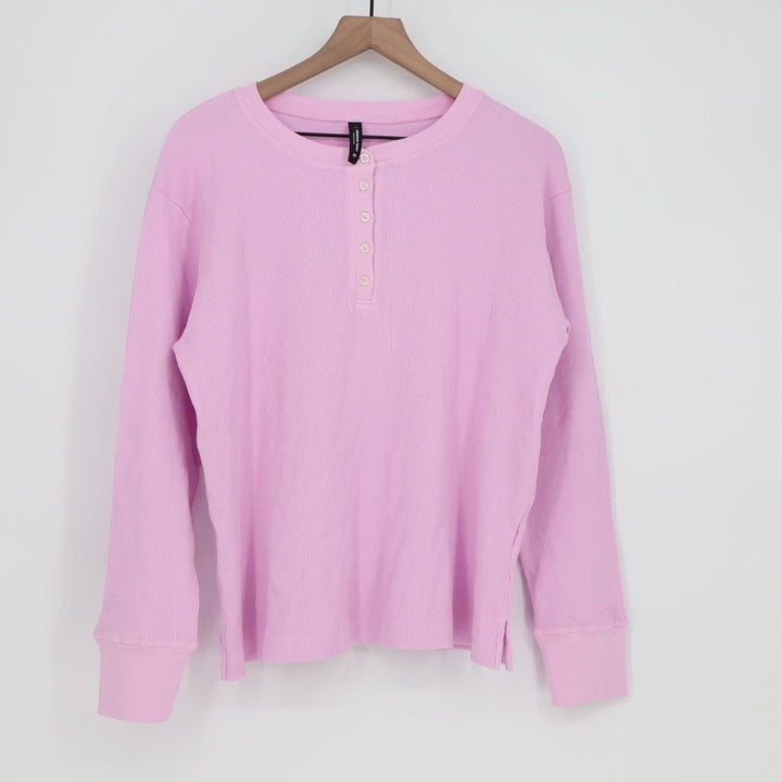 American Giant Thermal T-Shirt Womens M Pink Cotton Stretch Waffle Henley Neck