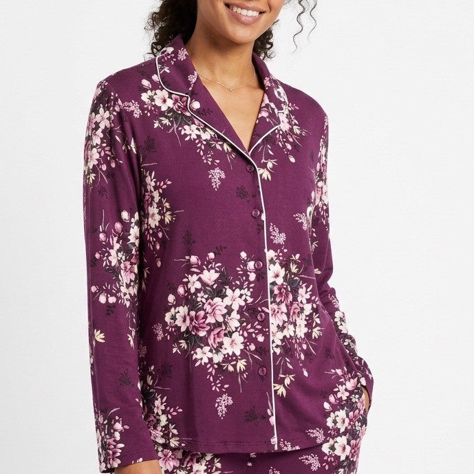 Flora by Flora Nikrooz Pajama Top Womens Medium Plum Floral Stretch Lapel Collar