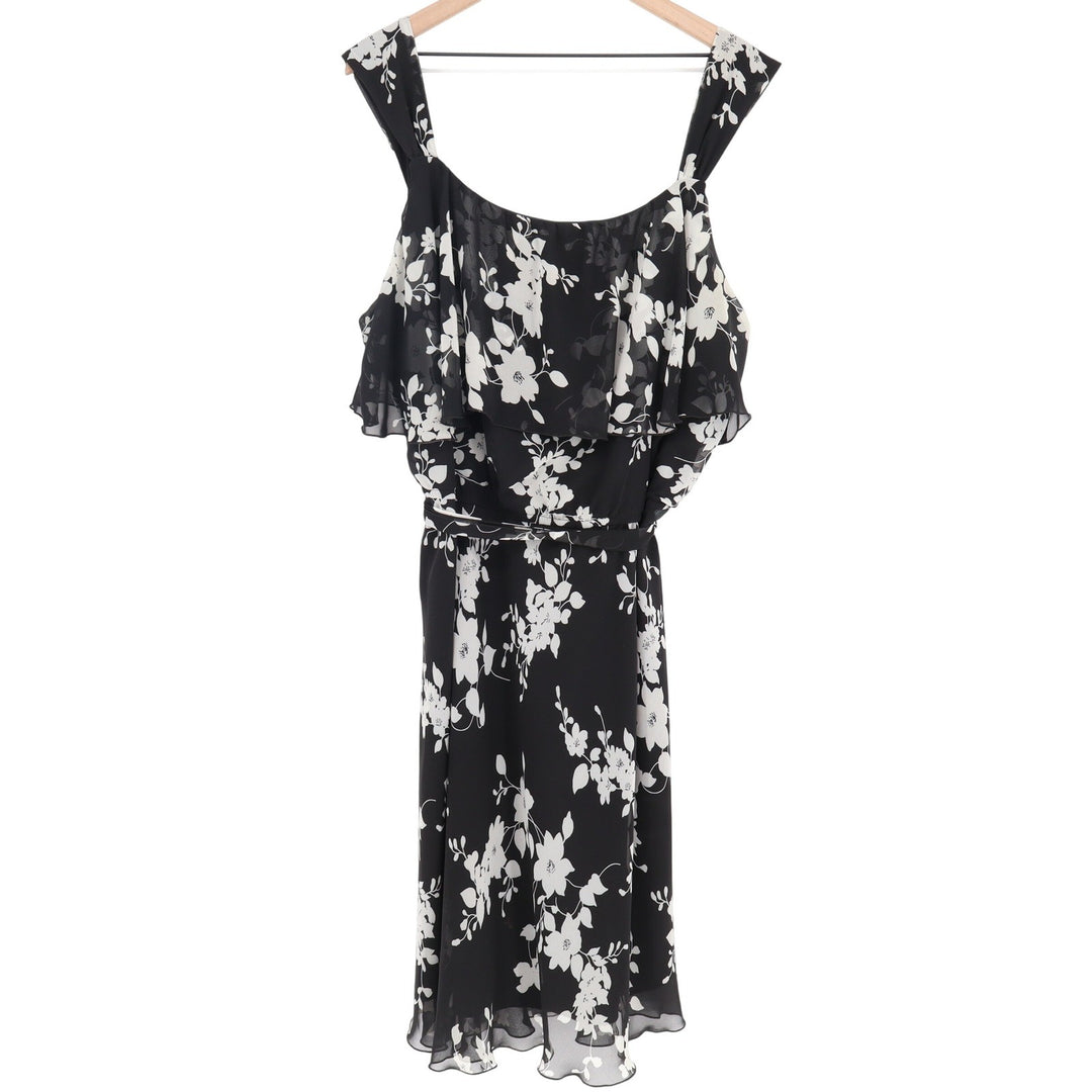 Ashley Stewart Dress Womens 20W Floral Ruffle Black White Sleeveless Excellent