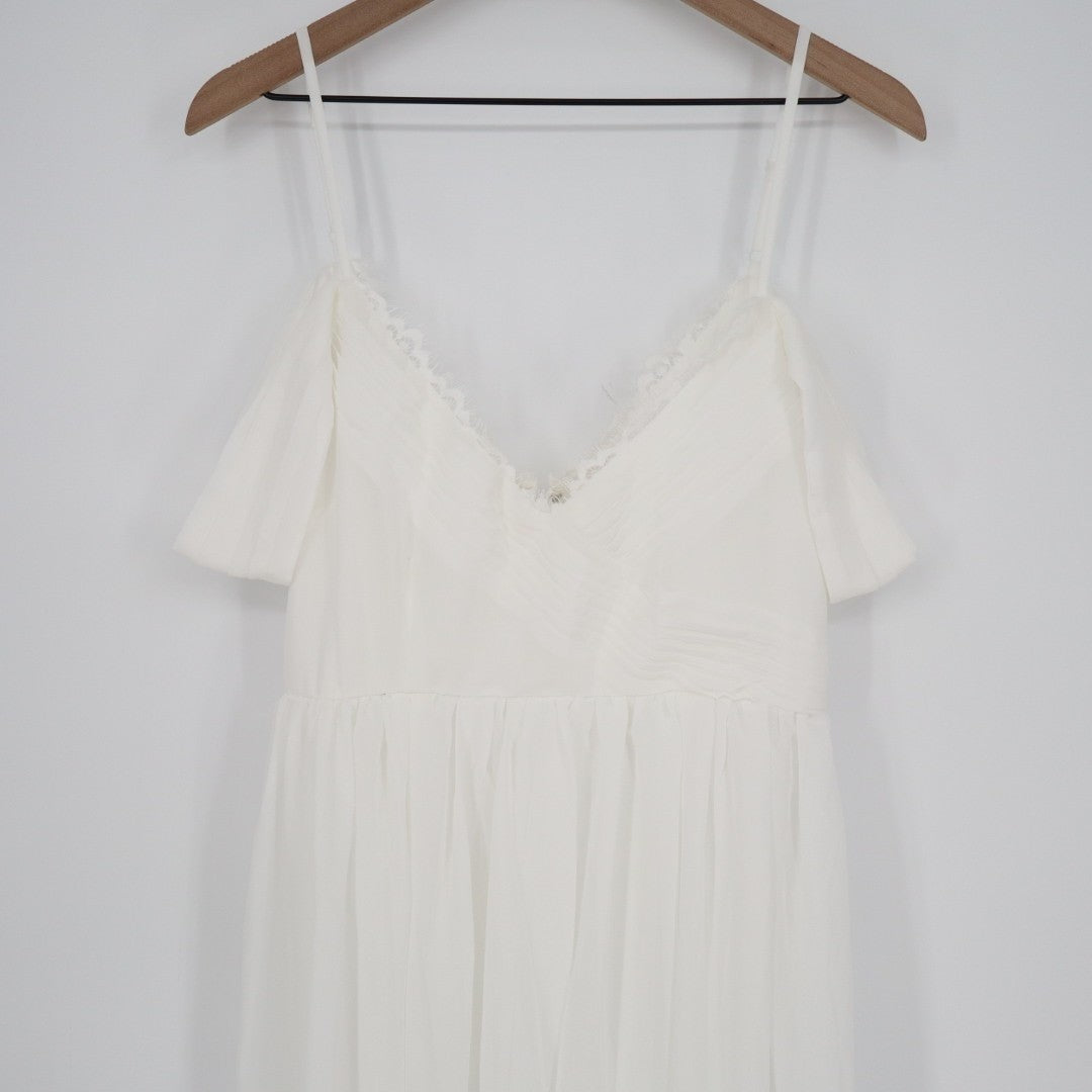 Lulus Marcelyn Maxi Dress Womens XL White Pleated V-Neck Cold-Shoulder Back Zip
