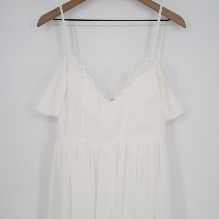 Lulus Marcelyn Maxi Dress Womens XL White Pleated V-Neck Cold-Shoulder Back Zip
