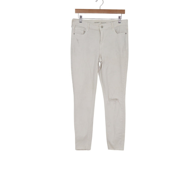 Old Navy Rockstar Mid-Rise Skinny Jeans Off-White Distressed Raw Hem Size 10