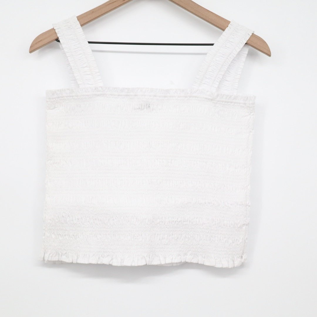 Madewell Poplin Cropped Top Womens L White Cotton Smocked Wide Strap Square Neck