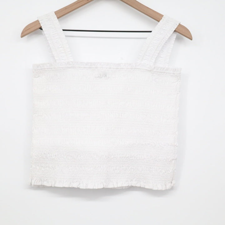 Madewell Poplin Cropped Top Womens L White Cotton Smocked Wide Strap Square Neck