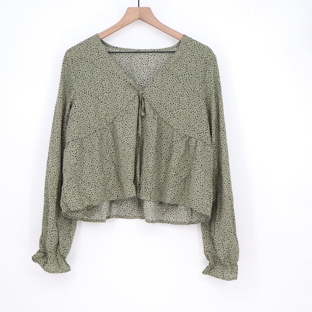 SHEIN Sage Green Polka Dot Tie Front Peplum Blouse Long Sleeve Ruffle Cuff L