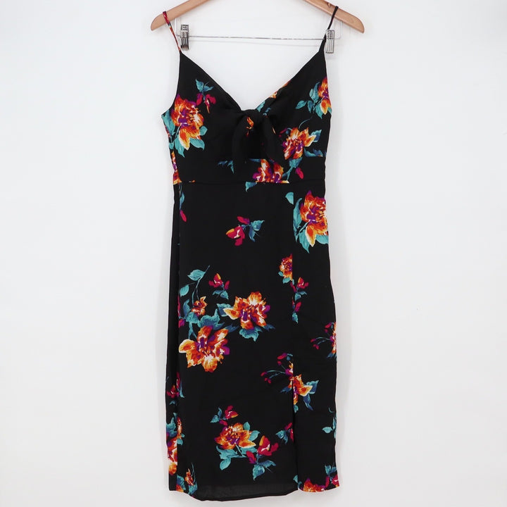 One Clothing Midi Dress Women's S Black Floral Tie Front Slit