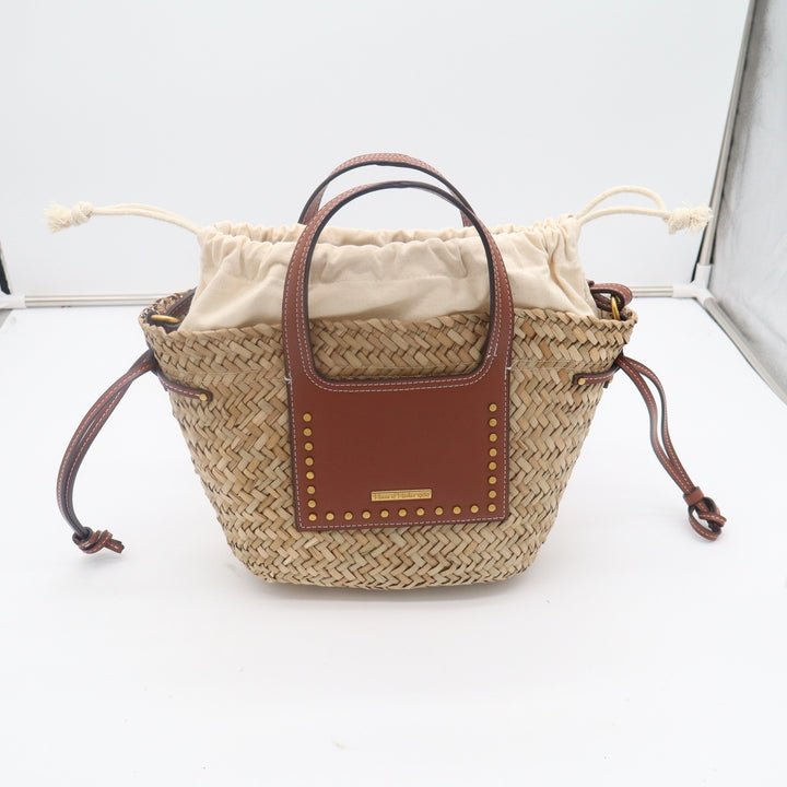 House of Harlow 1960 Woven Straw Leather Studded Basket Bag Crossbody Natural
