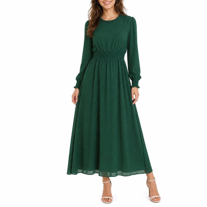 Shein Curve Dark Green Swiss Dot Maxi Dress Plus Size 2XL Smocked Waist Ruffle