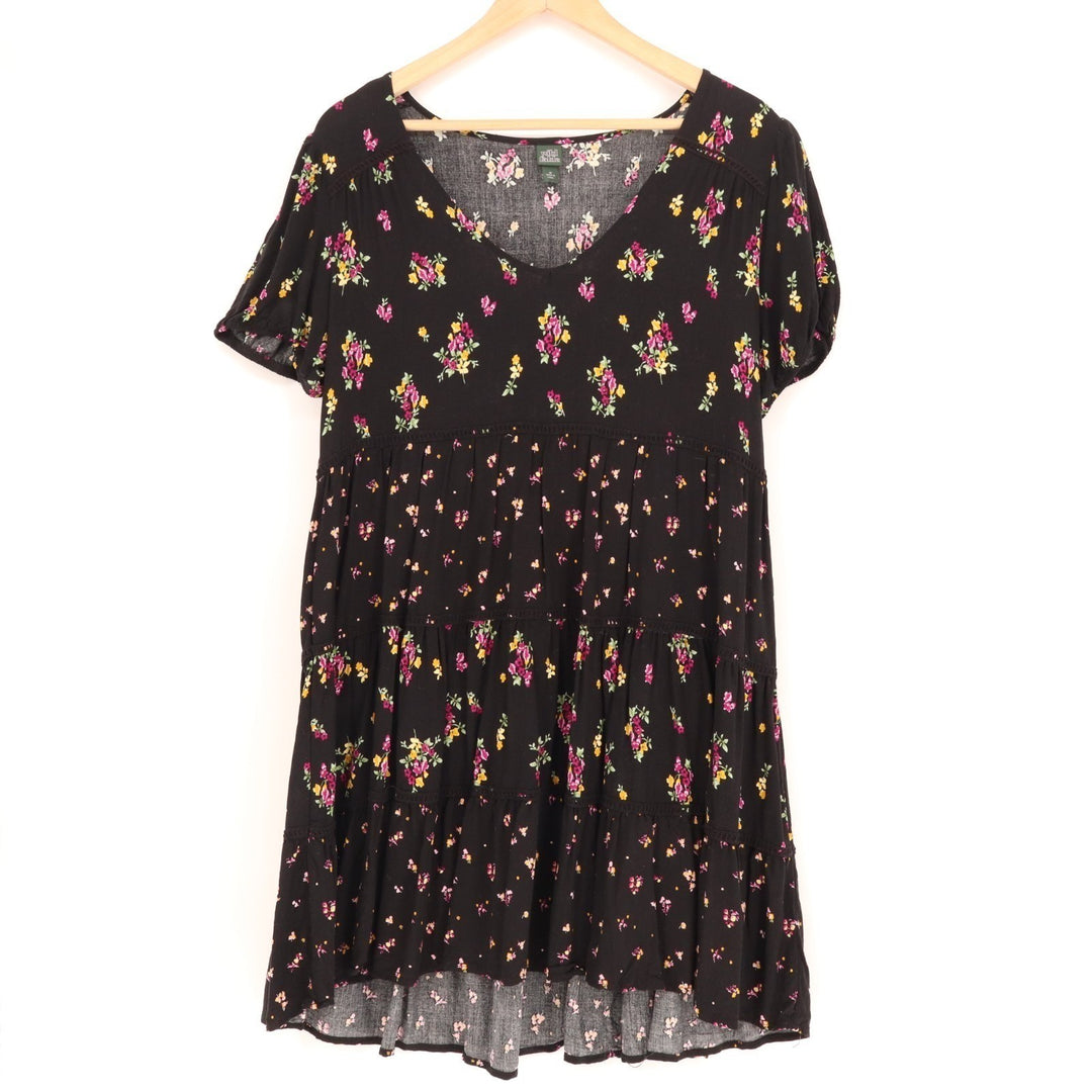 Wild Fable Mini Sundress Womens M Black Floral Pleated Scoop Neck Short Sleeve