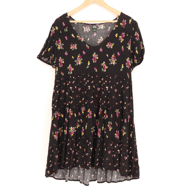 Wild Fable Mini Sundress Womens M Black Floral Pleated Scoop Neck Short Sleeve