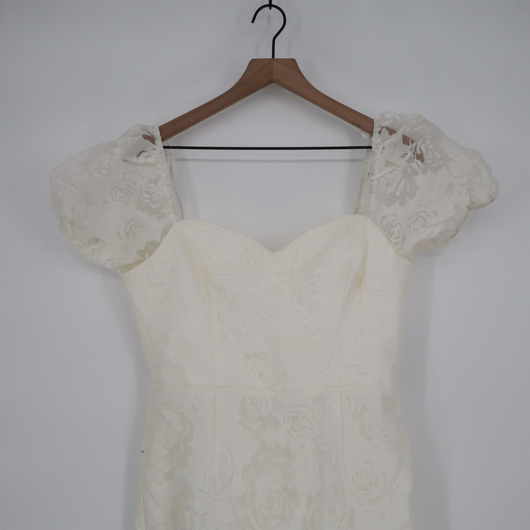 Lulus Odetta Burnout Puff Sleeve Lace-Up Midi Dress Womens Large White Floral