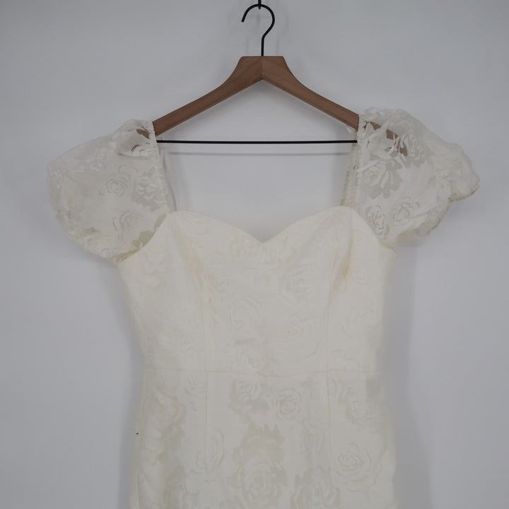 Lulus Odetta Burnout Puff Sleeve Lace-Up Midi Dress Womens Large White Floral