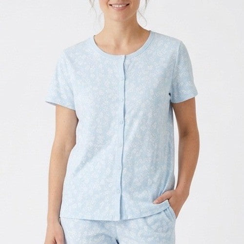 Charter Club Cropped Pajama Top Womens Large Blue Floral Cotton Button Front
