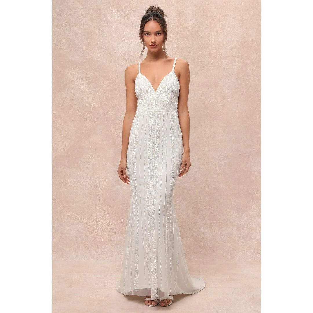 Lulus Stunning Vow White Beaded Sequin Maxi Dress Size L