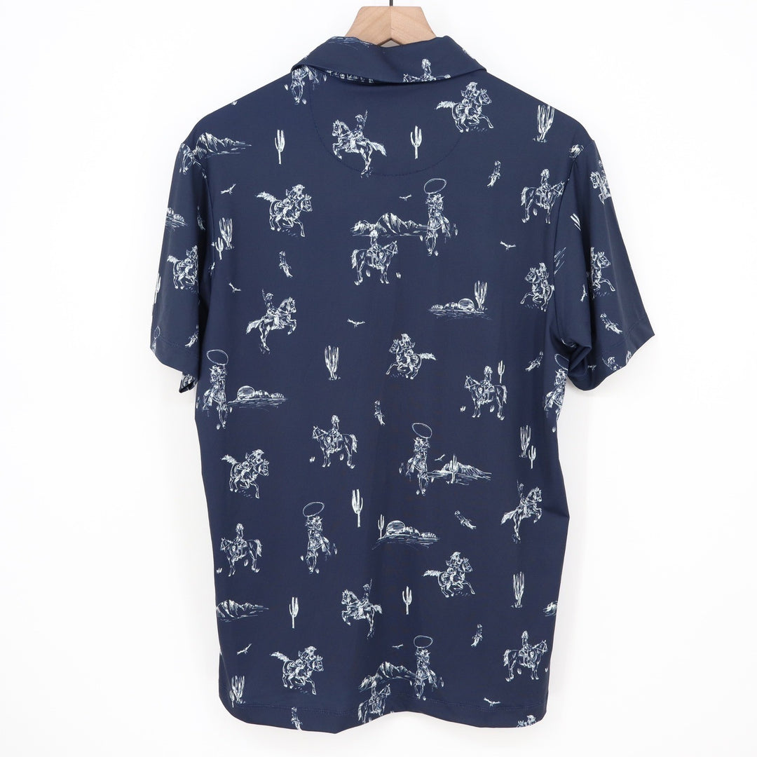 Bad Birdie Mens Yeehaw Core Polo Shirt Navy Blue Cowboy Print S