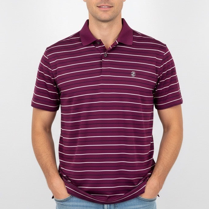 IZOD Golf Mens Medium Burgundy White Stripe Short Sleeve Polo Shirt M