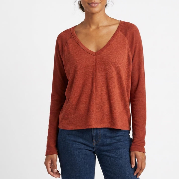 Lulus Sweater Womens L Red Rust Stretch Ribbed Long Sleeve Scoop Neck Pullover