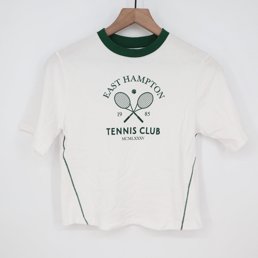 DSG East Hampton Tennis Club Graphic Ringer Tee White Green XS 6-7 8620