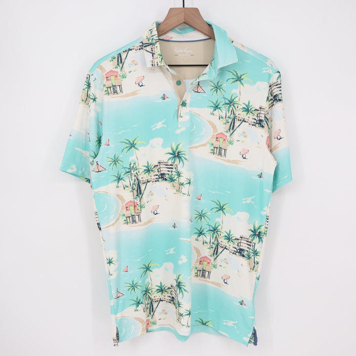 Walter Hagen Performance 11 Mens Small Teal Tropical Beach Print Golf Polo Shirt