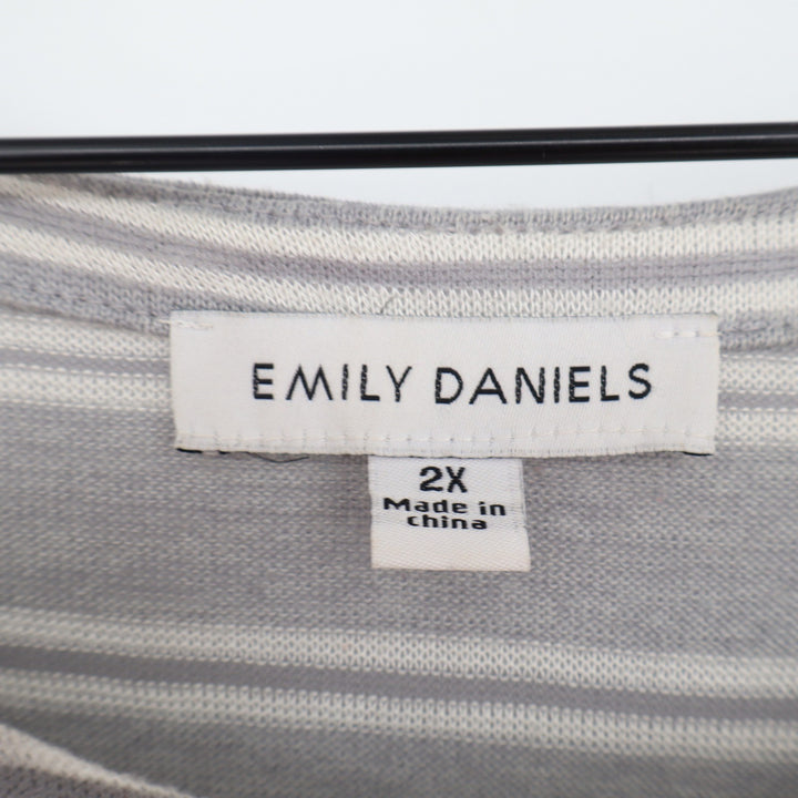 Emily Daniels Top Womens 2X Tunic Grey White Striped 3/4 Sleeve Excellent