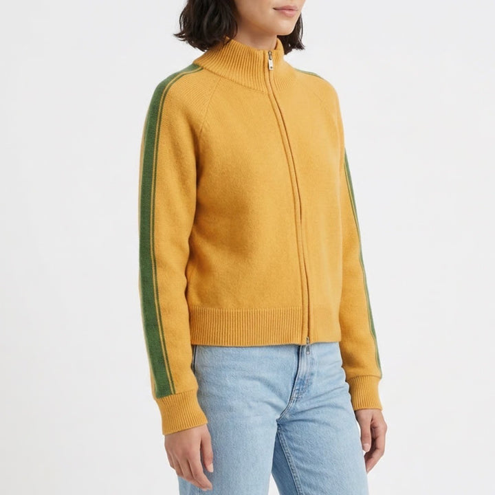 Track Jacket Womens Large Yellow Knit Ribbed Full Zip Mock Neck Raglan Sleeve