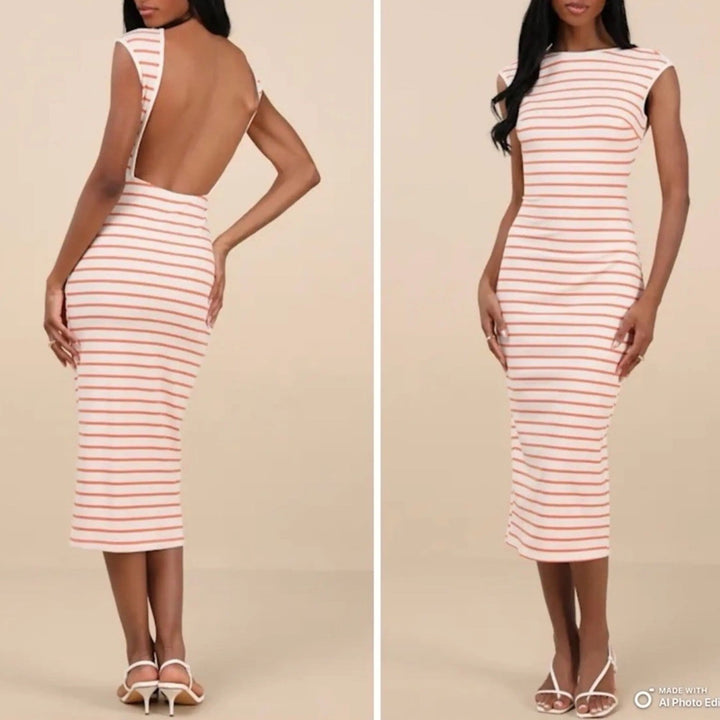 Lulus Chic Existence Midi Dress Womens M Ivory Orange Striped Ribbed Backless