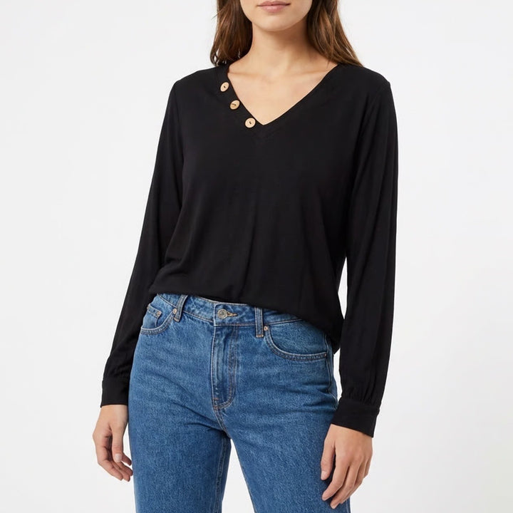 Jardin by Macris T-Shirt Women's Large Black Stretch Split Neck Long Sleeve