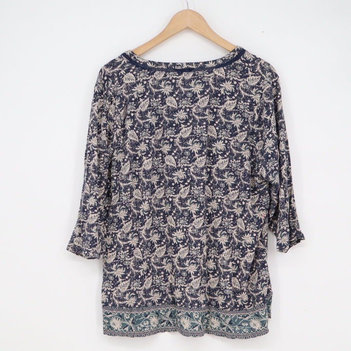 Lucky Brand Womens 2X Indigo Blue Floral Paisley Split V-Neck 3/4 Sleeve Blouse