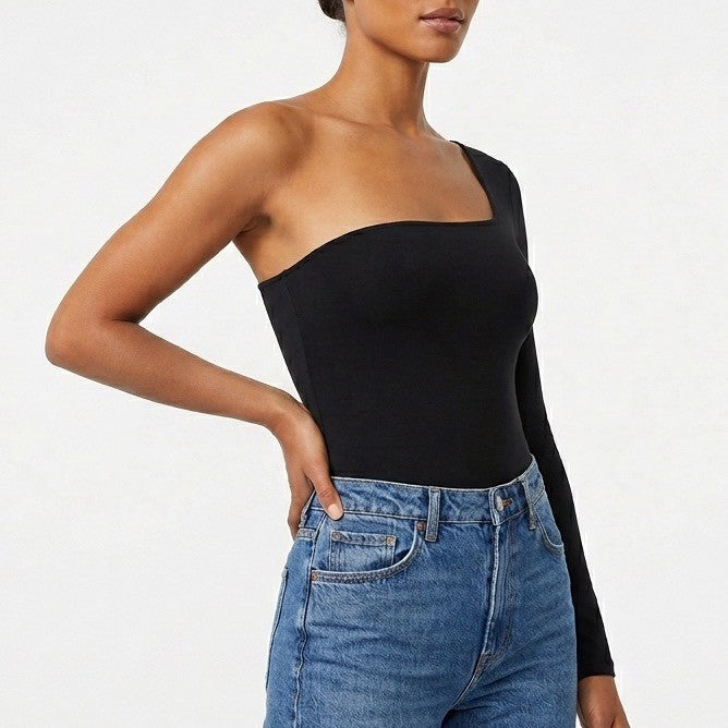 Naked Wardrobe One Shoulder Long Sleeve Bodysuit Black Size M