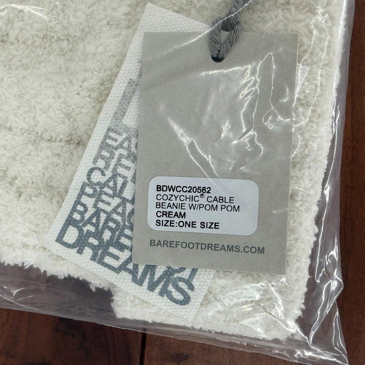 Barefoot Dreams CozyChic Pom Pom Beanie Hat Womens OS Cream Cable Knit Winter