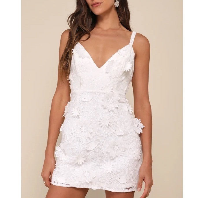 Lulus Exceedingly Lovely Mini Dress Womens XL White Applique Floral Backless