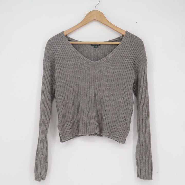 Wild Fable Gray Ribbed V-Neck Cropped Sweater Womens Small Long Sleeve Cotton