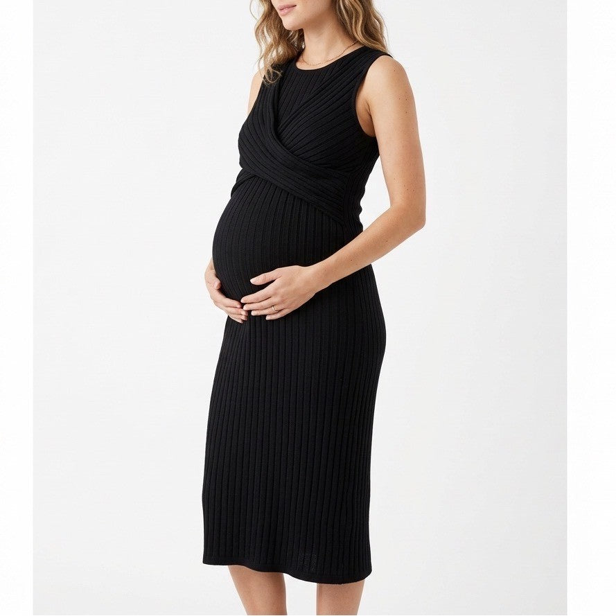 Black Ribbed Knit Maxi Dress Sleeveless Wrap Front Tie Waist