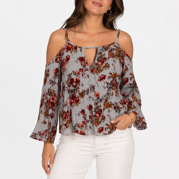 Floral Cold Shoulder Keyhole Blouse Grey Red Boho Rayon Top Size M