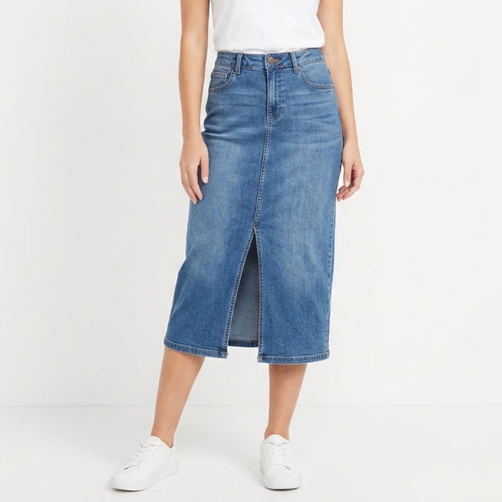 Rachel Zoe Midi Skirt Womens 6 Blue Denim Cotton Stretch Five Pockets Front Slit